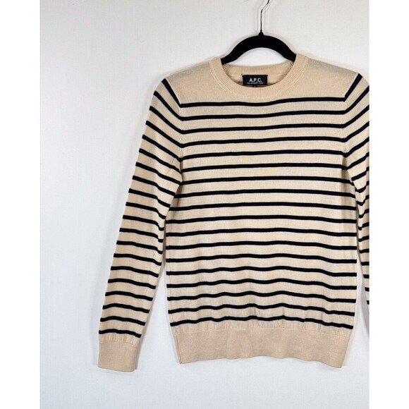 APC Womens Sweater Beige Striped Wool Crewneck Pullover Long Sleeve Jumper Small - Picture 5 of 11